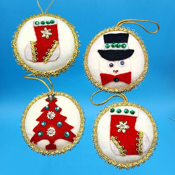Vintage 1960s Felt Christmas Ornaments Stocking Tree Snowman Sequins Gold Trim - Picture 3 of 12